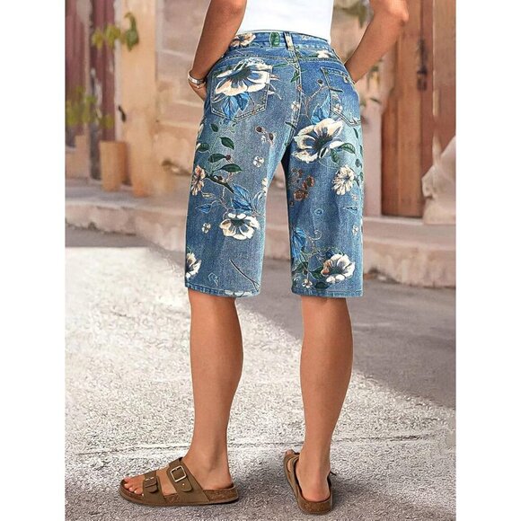 Women's High Waisted Floral Bermuda Shorts Denim Summer Casual Fit - Picture 4 of 5